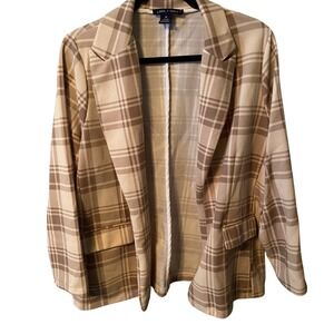 Lark + Grey Plaid Open Front Blazer Womens 2X Beige Brown Lightweight Casual